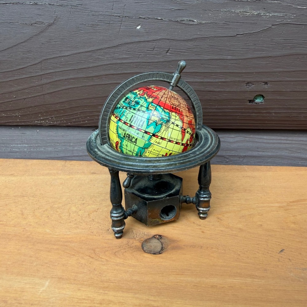 Vintage Globe Pencil Sharpener Miniature Diecast Metal Bronze Tone Hong Kong